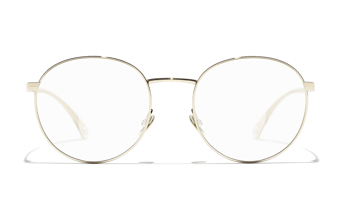 Lookbook 샤넬 오벌 골드 유니섹스 안경 - 로고 & 메탈 레진 디자인. CH2209-C395-50