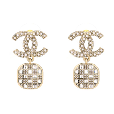CHANEL Pearl Logo Crystal Pendant Earrings AB6560-B06135-ND169