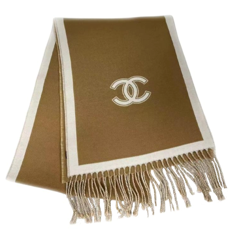 CHANEL Printed Wool Scarf Unisex Couple Style in Khaki Color. AAA375-B17768-NZK37