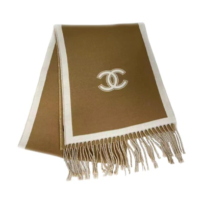 CHANEL Printed Wool Scarf Unisex Couple Style in Khaki Color. AAA375-B17768-NZK37