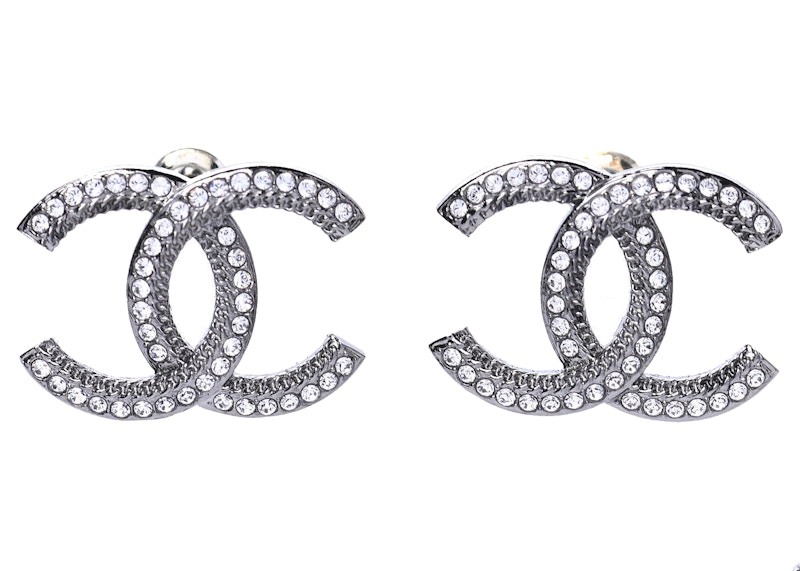 Chanel Ruthenium Crystal CC Earrings Silver