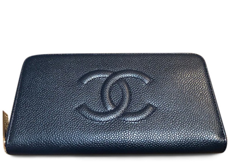 Chanel Timeless Zip Long Wallet Caviar Silver-tone Navy