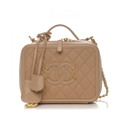 Chanel Vanity Case Diamond Quilted CC Filigree Medium Beige