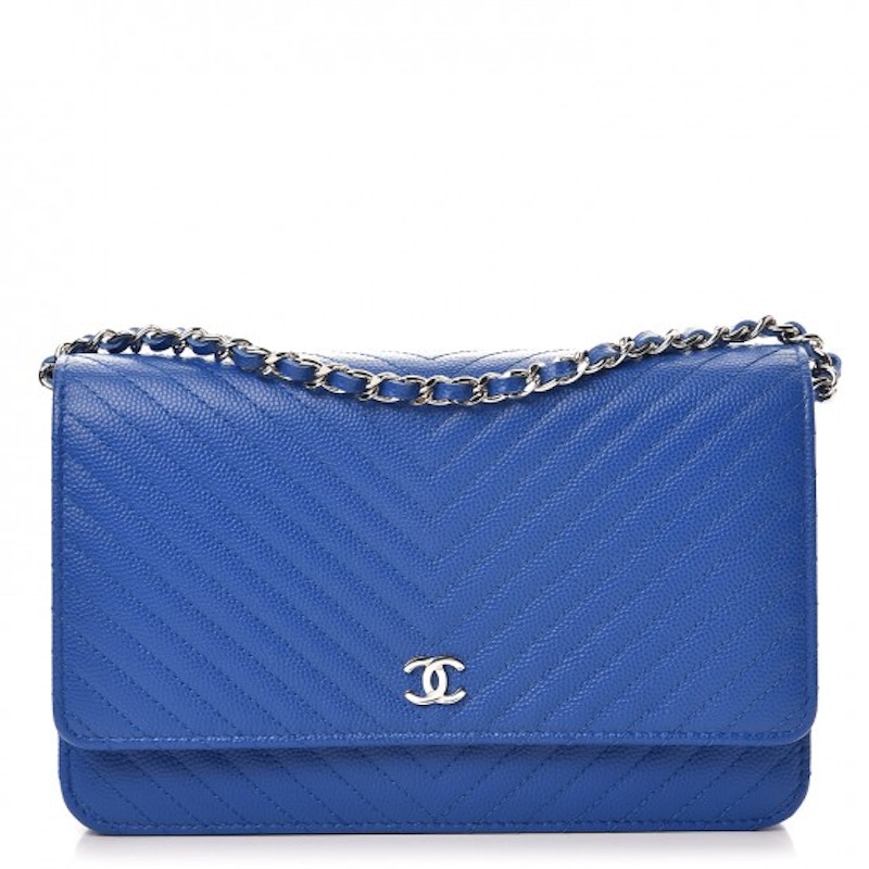 Chanel Wallet On Chain Chevron Caviar Silver-tone Bright Blue