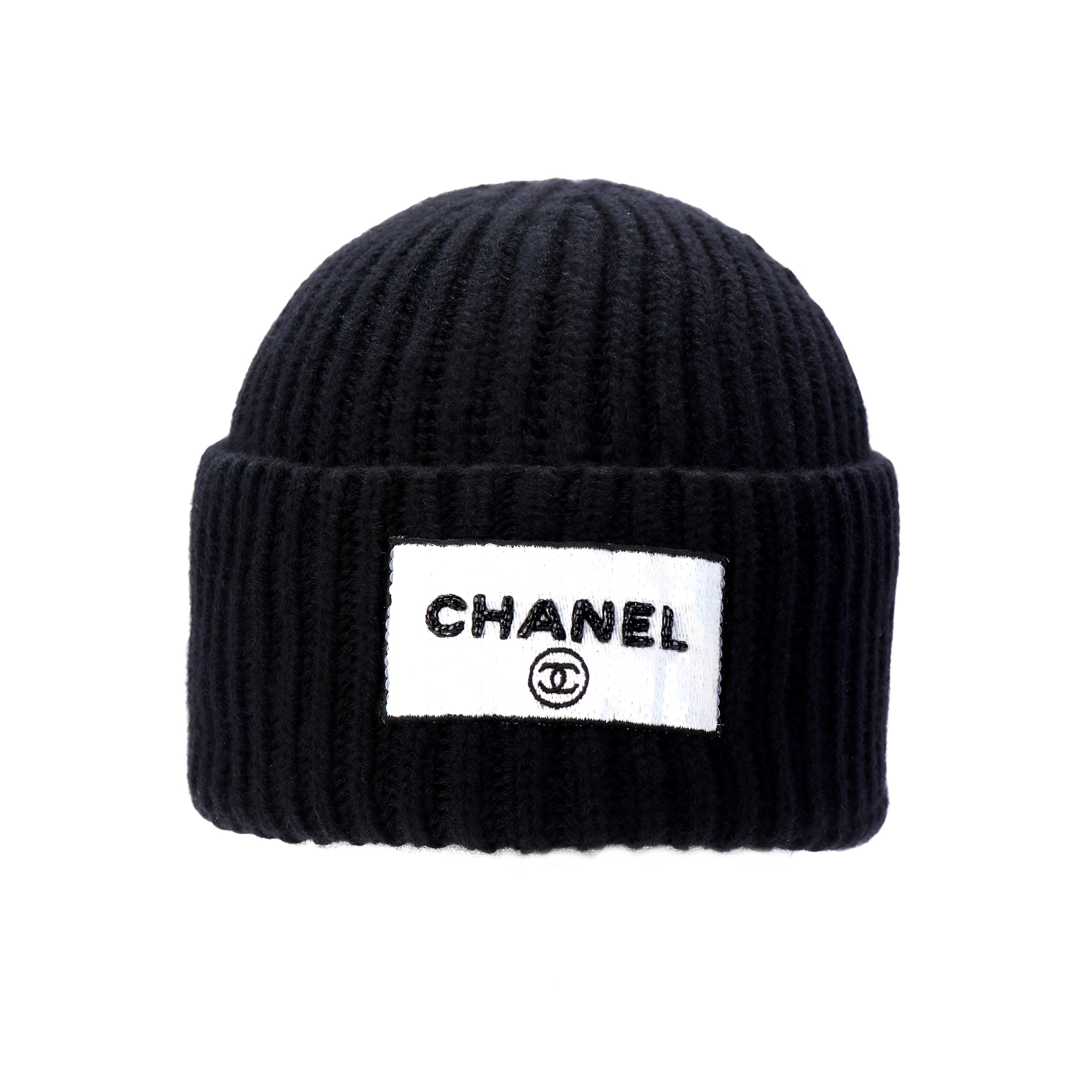 CHANEL Wool Knit Beanie Black 23K Sequin Letter Unisex Couple Design. AA9553-B13724-94305