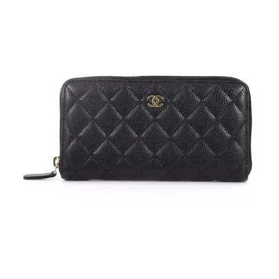 Chanel Zip Around Wallet Quilted Diamond Long Black