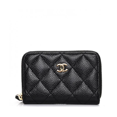 Chanel Zip Coin Purse Quilted Caviar Gold-tone Black