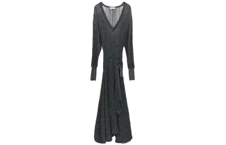 Order Chloe Chloé SS21 Gaun Petang Lengan Panjang Hitam Leher V Knit CHC21SMR825703J1