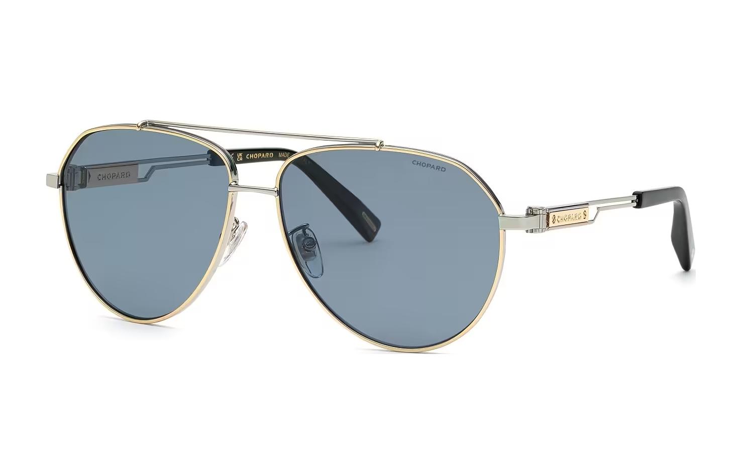 Chopard Gold Metal Pilot Style Sunglasses for Men with Decorative Temples. SCHG63340P