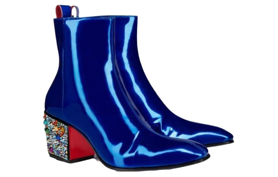 Shop Christian Louboutin CLUB PLATINUM Leder Stiefel Rund Blau mit Reißverschluss 32310425591