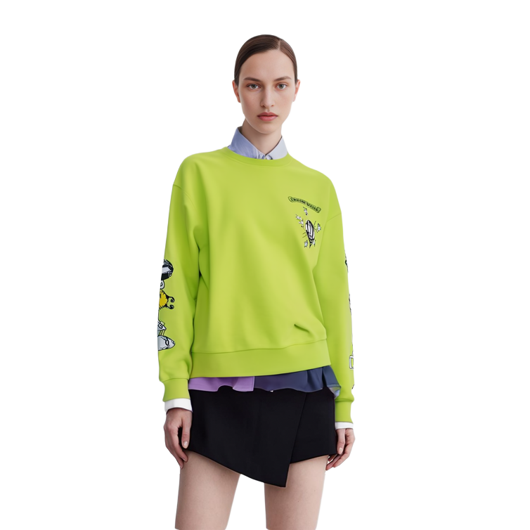 Shop Chrome Hearts FW22 塗鴉綠色寬鬆版圓領衛衣 男女適穿 CH-091402