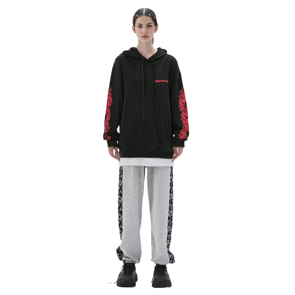 Shop クロムハーツ FW22 レッドフローラルクロスロゴフーディーユニセックスブラック. CH-2022101802