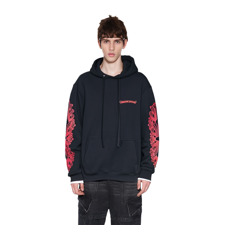 Purchase クロムハーツ FW22 レッドフローラルクロスロゴフーディーユニセックスブラック. CH-2022101802