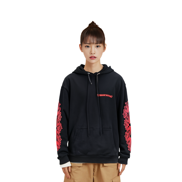 Details for クロムハーツ FW22 レッドフローラルクロスロゴフーディーユニセックスブラック. CH-2022101802