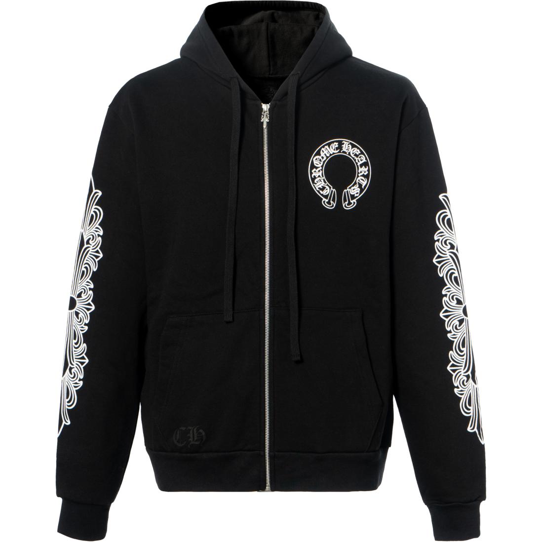 Chrome Hearts Horseshoe Scroll Cross Thick Fleece Zip Hoodie Unisex Black CH-070