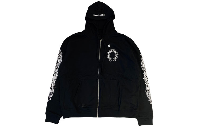 Lookbook クロムハーツ ホースシュー スクロール クロス 厚手 フリース ジップ フーディー ユニセックス ブラック CH-070