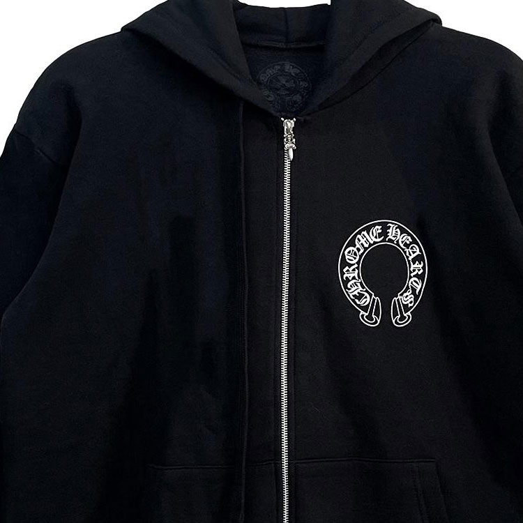 Details for クロムハーツ ホースシュー スクロール クロス 厚手 フリース ジップ フーディー ユニセックス ブラック CH-070