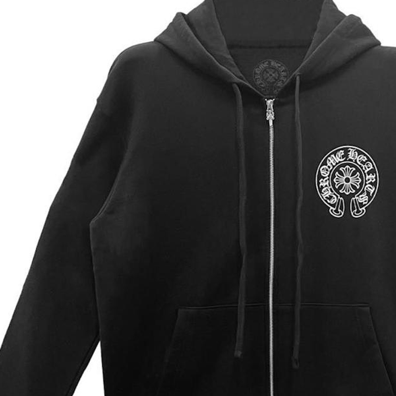 Shop Sudadera con capucha unisex Chrome Hearts SS24 negra con estampado y cremallera. CH-2024-3626