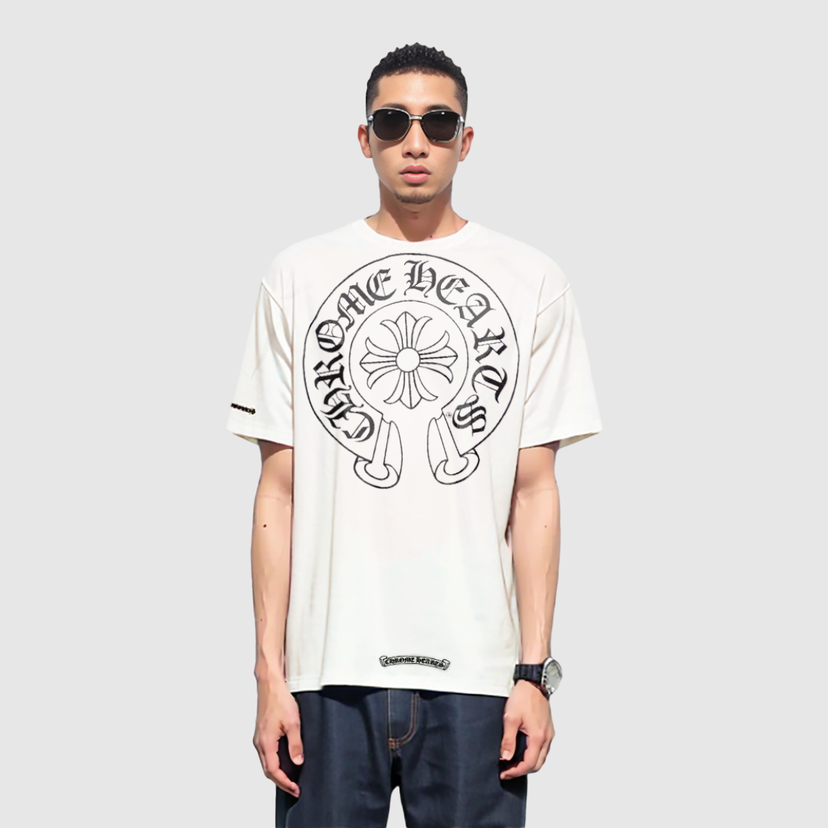 Shop Chrome Hearts White Horseshoe Scroll Cuff Logo Unisex T-shirt CH-104