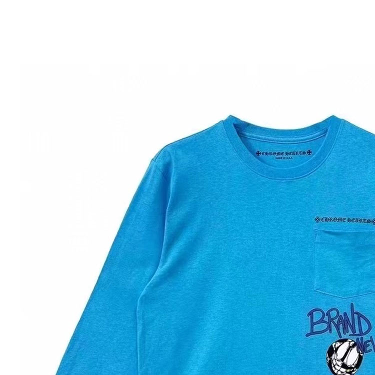 Shop Chrome Hearts x Matty Boy SS24 Blue Letter Graphic Print Long Sleeve Unisex Tee CH-2024-0428