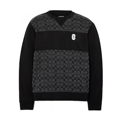 COACH Black Crewneck Sweatshirt with Letter Print Patchwork Design. C7816-BLK