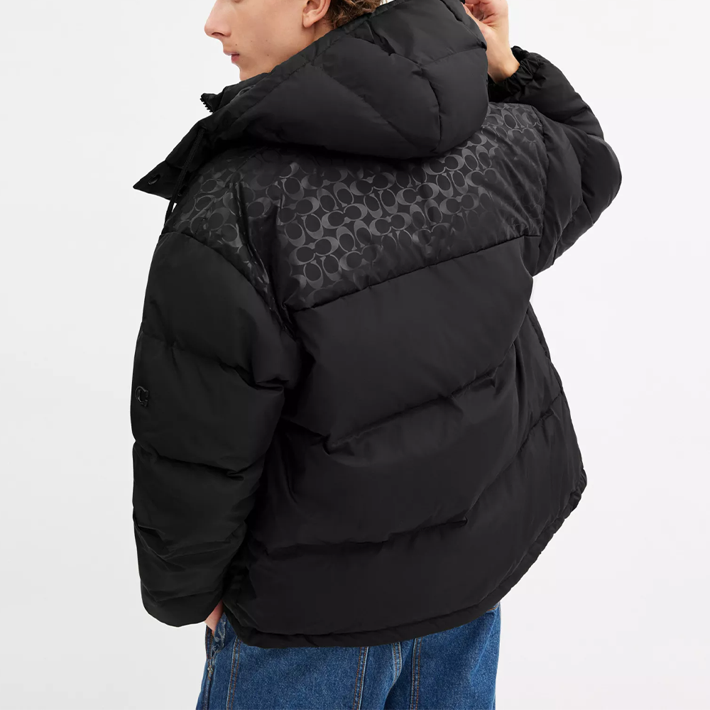 Purchase COACH  Black Down Jacket with Detachable Hood and Embroidery CU449-BLK