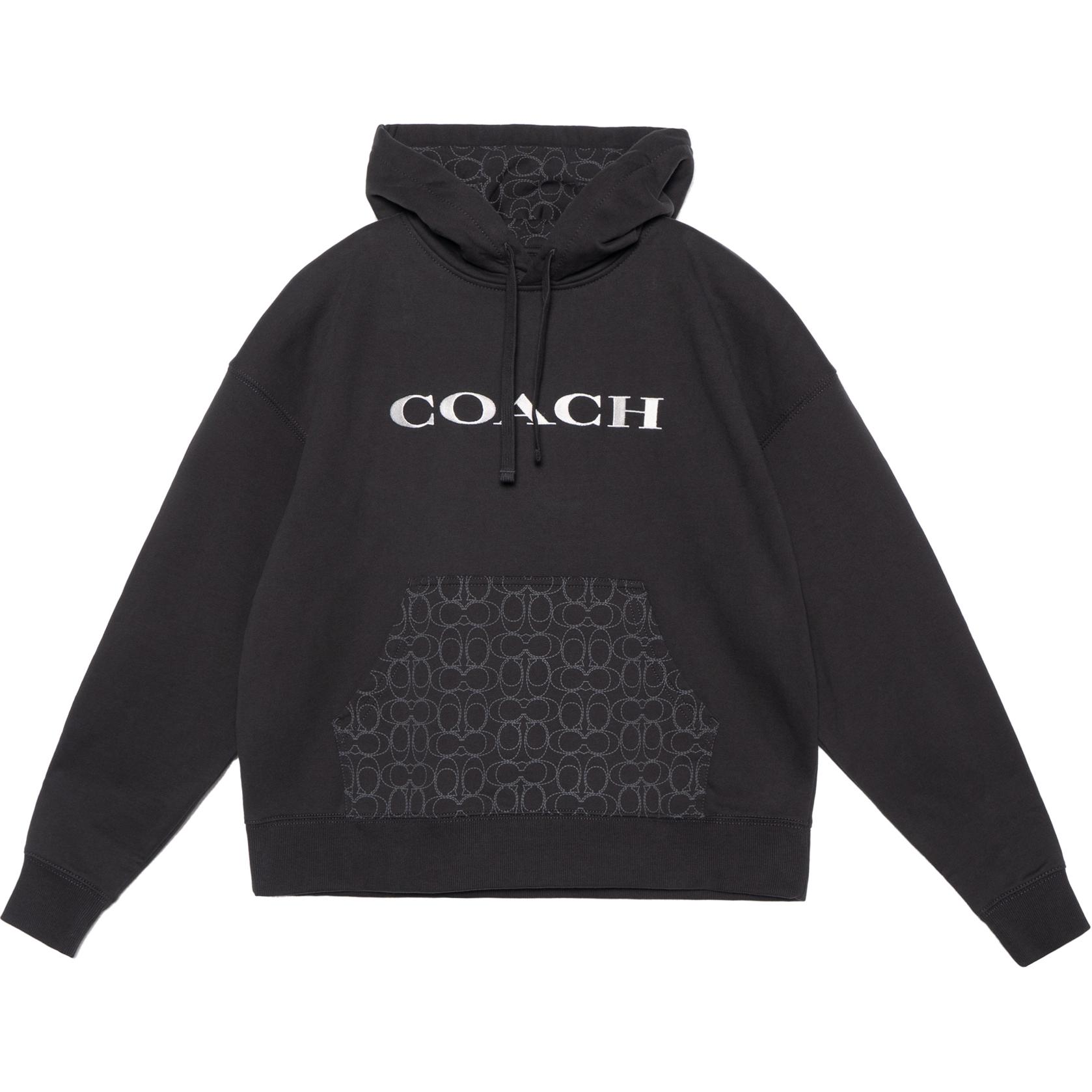 COACH  Black Hoodie with Logo Letter Print and Drawstring Design. CM830-BLK
