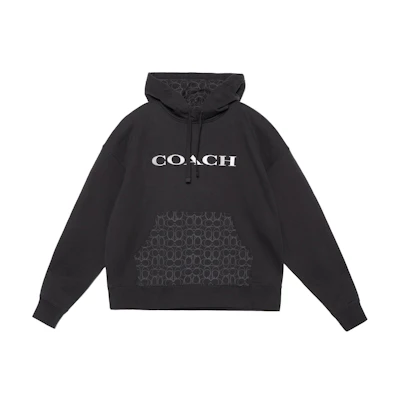 COACH Black Hoodie with Logo Letter Print and Drawstring Design. CM830-BLK