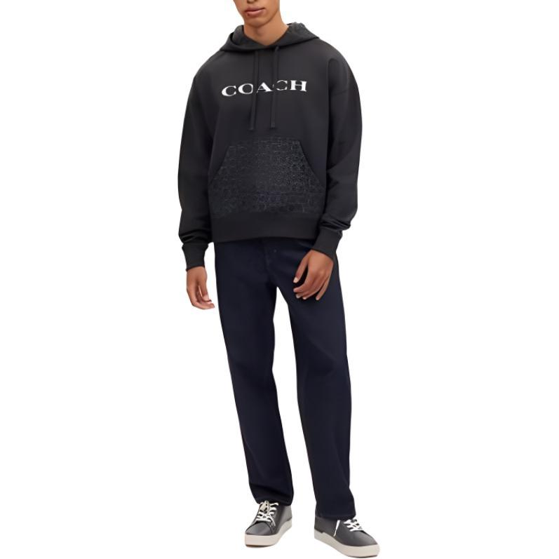 Shop COACH  Black Hoodie with Logo Letter Print and Drawstring Design. CM830-BLK