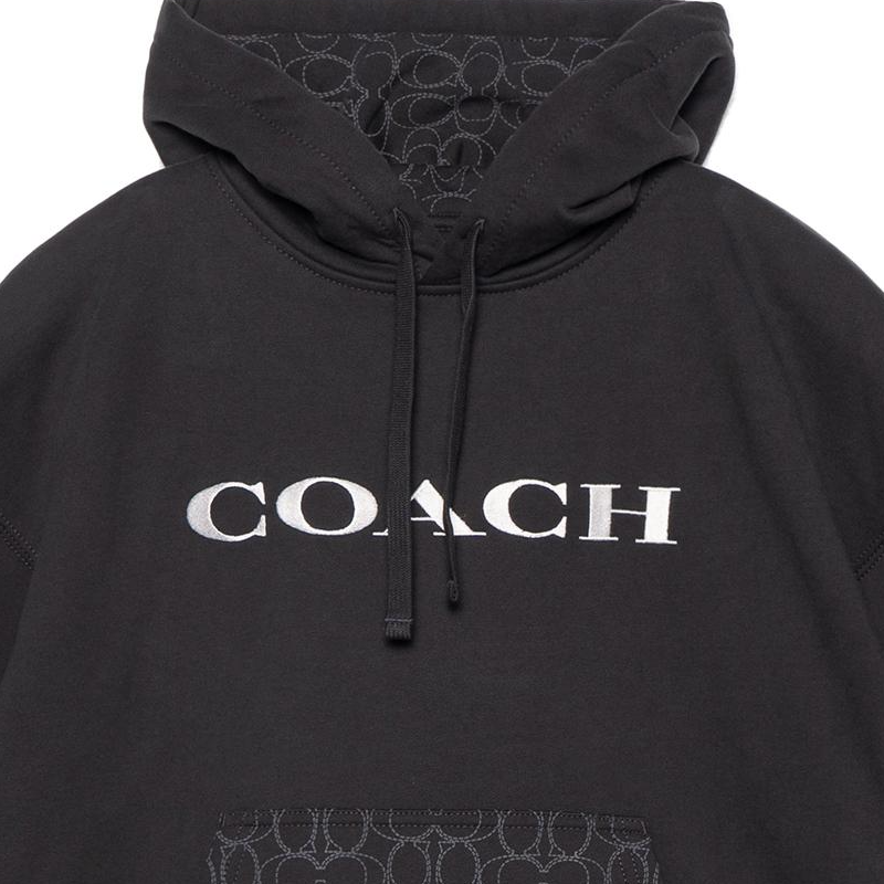 Sizing COACH  Black Hoodie with Logo Letter Print and Drawstring Design. CM830-BLK
