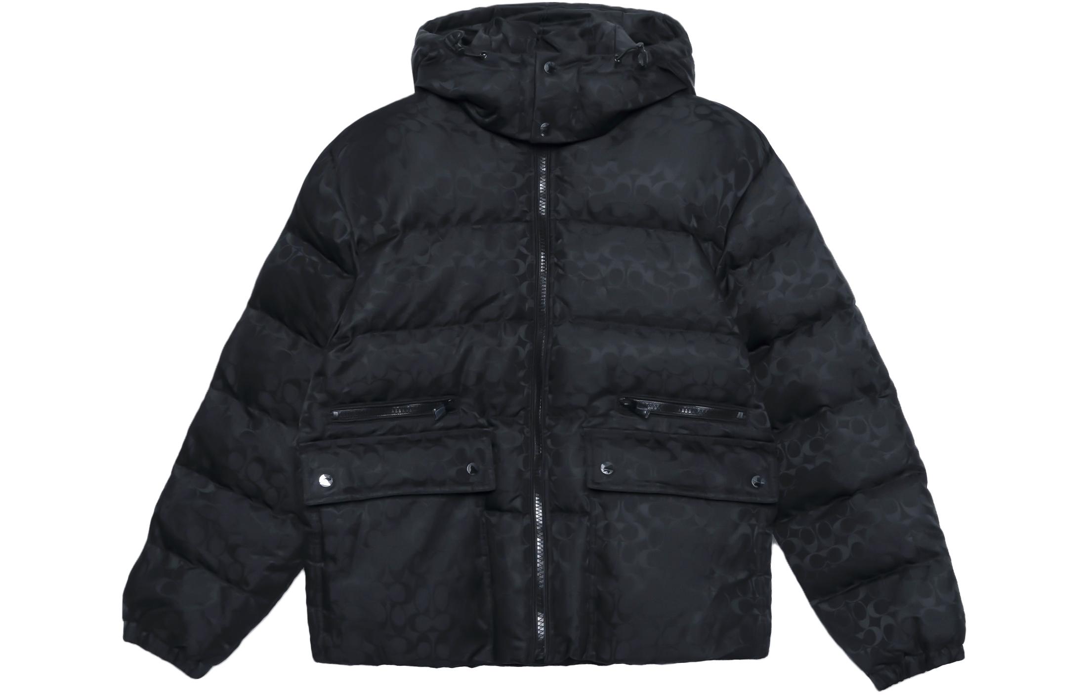 COACH  Black Logo Print Long Sleeve Hooded Down Jacket CD759-BK