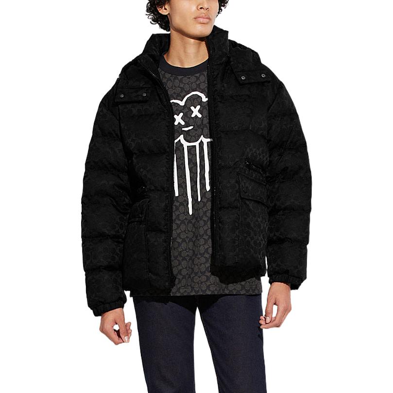 Shop COACH 黑色標誌印花連帽羽絨外套長袖 CD759-BK