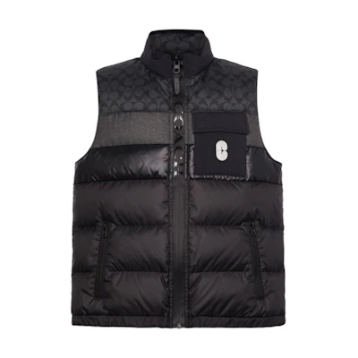 COACH Black Logo Print Sleeveless Down Vest Casual Zip Jacket CG626-R81