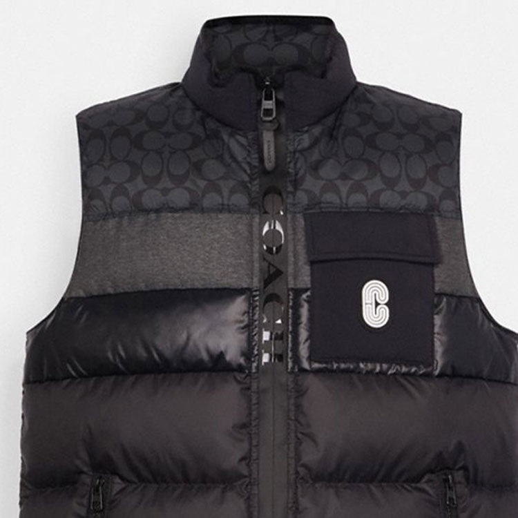Details for COACH  Black Logo Print Sleeveless Down Vest Casual Zip Jacket CG626-R81