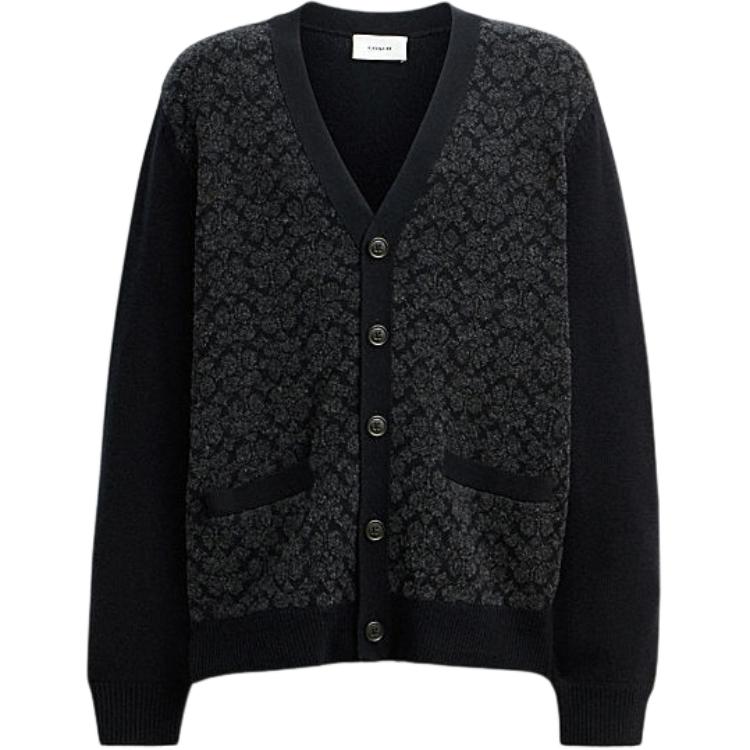 Order COACH Cardigan Rajut Logo V-Leher Hitam Koleksi SS24 CW943-BLK