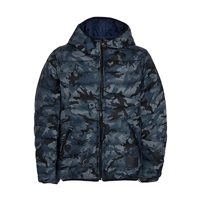 COACH Blue Camo Colorblock Hooded Down Jacket with Print Design. F75748P0Y