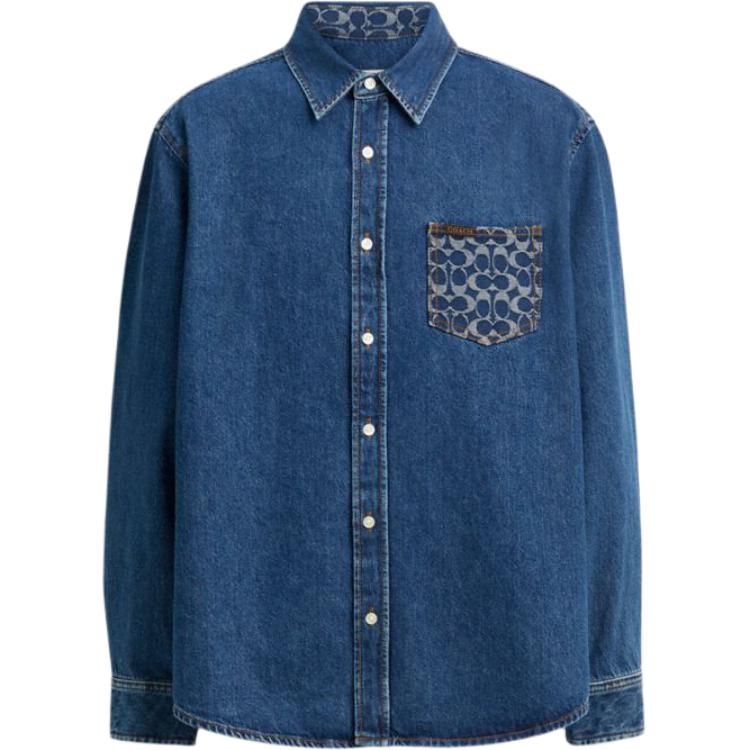 COACH  Blue Long Sleeve Button-Up Shirt with Patch Pocket Design CV458-COK