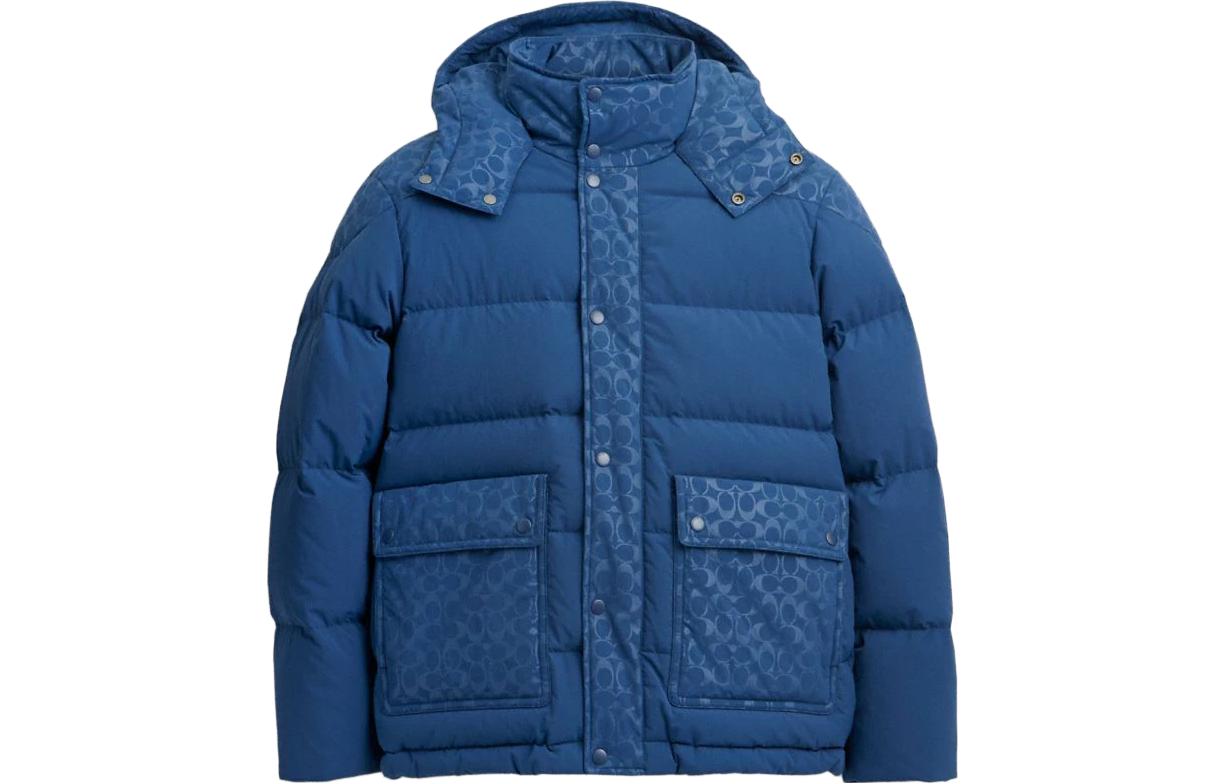 COACH  Blue Printed Hooded Zip-Up Down Jacket. CL861-DEB