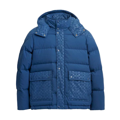 COACH Blue Printed Hooded Zip-Up Down Jacket. CL861-DEB