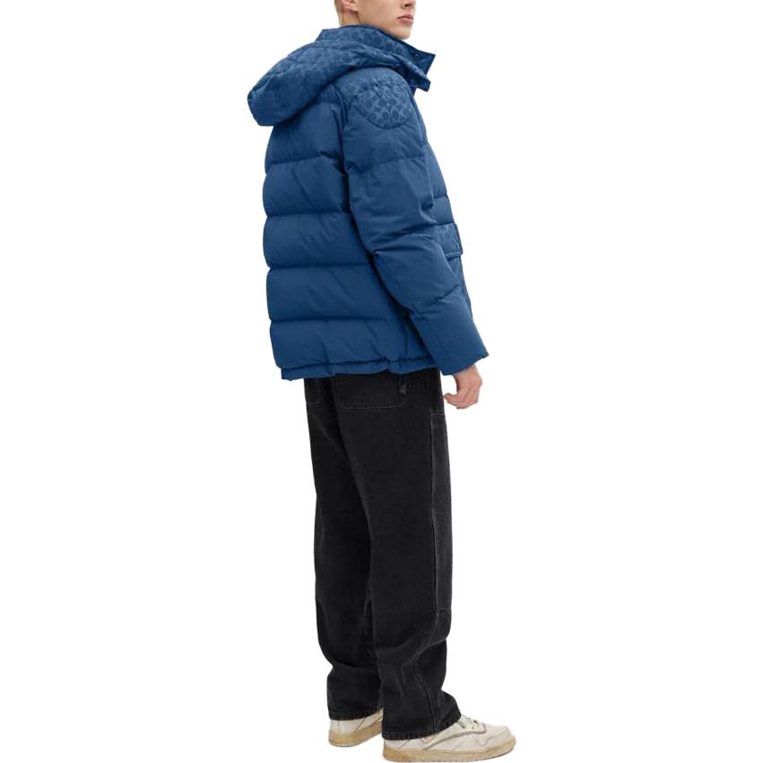 Lookbook コーチ ブルー プリント フード付き ジップアップ ダウンジャケット. CL861-DEB
