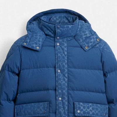 コーチ ブルー プリント フード付き ジップアップ ダウンジャケット. CL861-DEB Purchase コーチ ブルー プリント フード付き ジップアップ ダウンジャケット. CL861-DEB