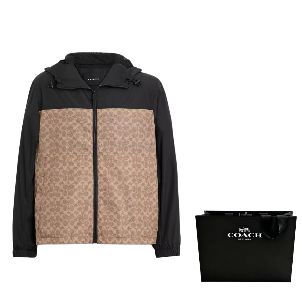 Details for COACH 棕色拼接拉鍊連帽風衣外套 CV310-RYU