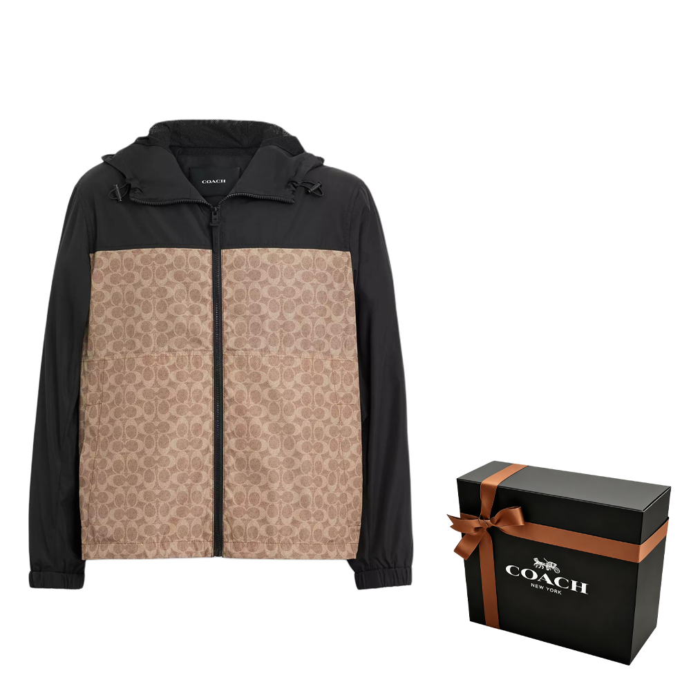 Sizing COACH 棕色拼接拉鍊連帽風衣外套 CV310-RYU