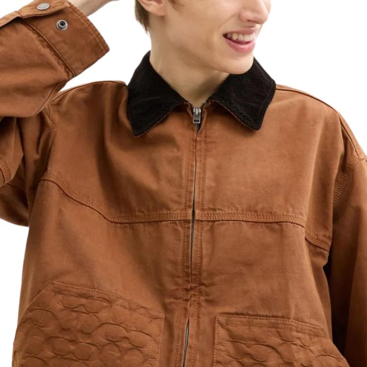 Purchase COACH  Brown Leather Detail Workwear Zip-Up Buckle Jacket. CW691-BRN