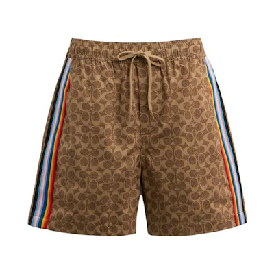 COACH Brown Striped Print Drawstring Casual Shorts. CH784-UYJ