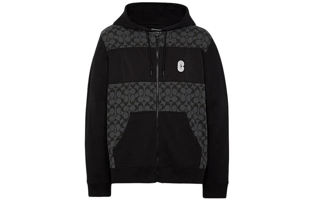 COACH  Charcoal Grey Logo Print Zip-Up Hoodie with Colorblock Design. C7817-R8E