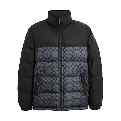 COACH Colorblock Letter Print Puffer Down Jacket with High Collar. CK954-OCI