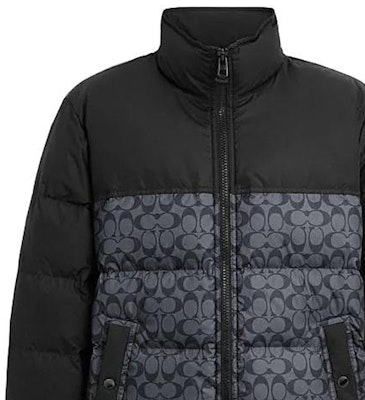 COACH Colorblock Letter Print Puffer Down Jacket with High Collar. CK954-OCI Shop COACH Colorblock Letter Print Puffer Down Jacket with High Collar. CK954-OCI
