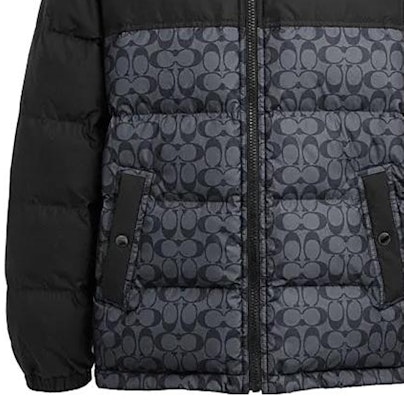 COACH Colorblock Letter Print Puffer Down Jacket with High Collar. CK954-OCI Details for COACH Colorblock Letter Print Puffer Down Jacket with High Collar. CK954-OCI