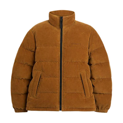 COACH Corduroy Down Jacket Light Brown Zipper High-Neck Long Sleeve CT737-LIB